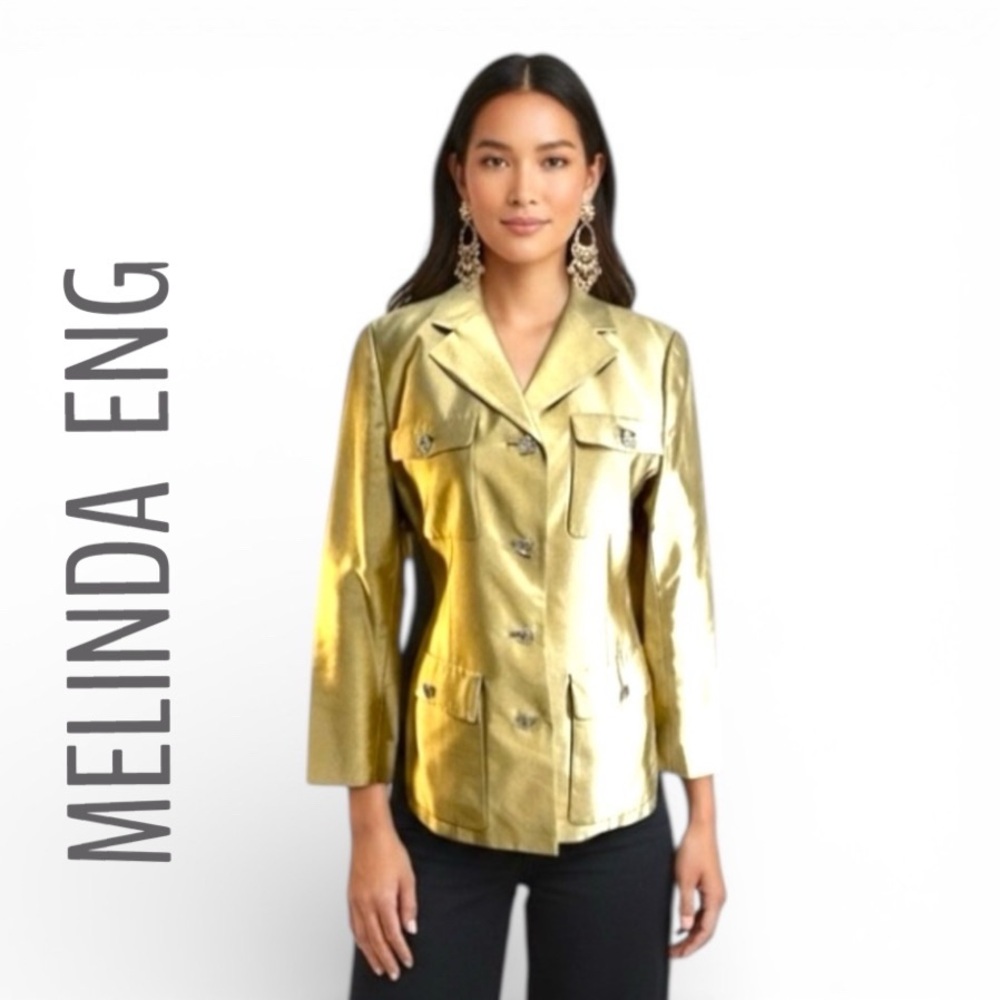 MELINDA ENG Silk Blazer in Metallic Gold with Clear Buttons SZ 6